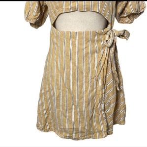 Mustard Yellow Striped Puff Sleeve Square Neck Dress Zara size Large Wrap Dress